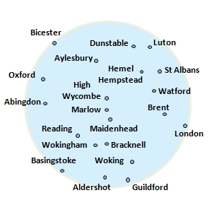 coverage radius 30 miles of High Wycombe, includes: Bicester, Dunstable, Luton, Aylesbury, Hemel Hempstead, Oxford, St Albans, Abingdon, Marlow, Watford, Marlow, Brent, Reading, Maidenhead, London, Wokingham, Bracknell, Basingstoke, Woking, Aldershot, Guildford